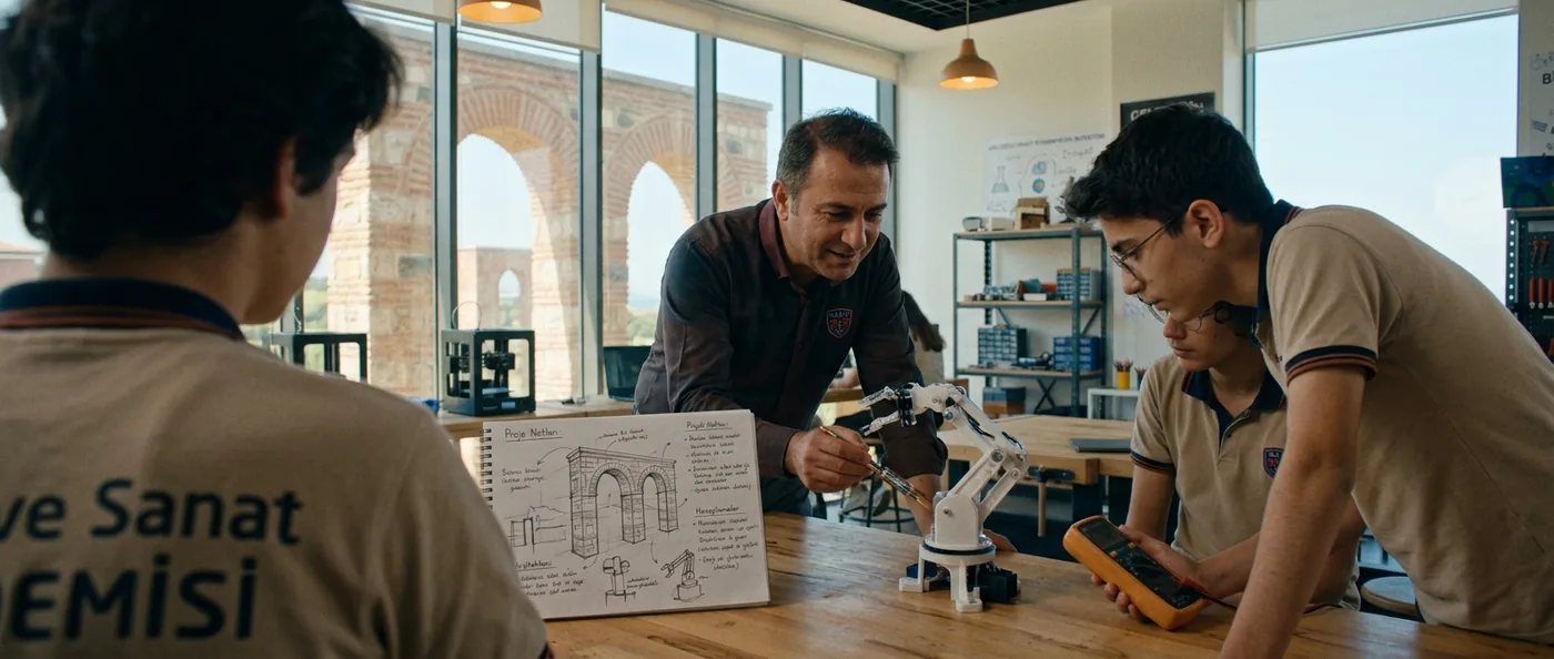 Bir eğitmen ve iki öğrenci robot kol projesi üzerinde birlikte çalışıyor